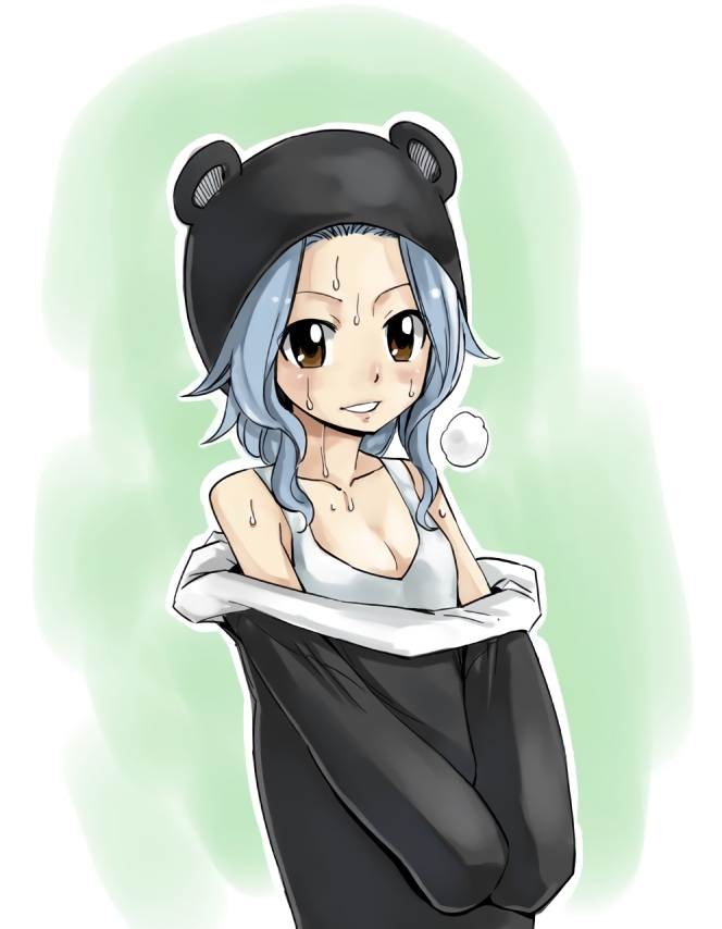 black_hat blue_hair breasts brown_eyes cleavage collarbone cosplay cowboy_shot fairy_tail hat levy_mcgarden mashima_hiro official_art pantherlily pantherlily_(cosplay) shirt short_hair_with_long_locks sidelocks simple_background sleeveless sleeveless_shirt small_breasts sweat white_background white_shirt