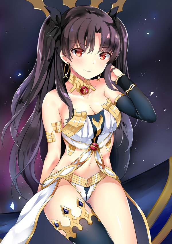 1girl arm_at_side arm_guards arm_warmers bangs bare_shoulders black_legwear black_ribbon breasts cleavage closed_mouth collarbone cowboy_shot earrings eyebrows_visible_through_hair fate_(series) gluteal_fold hair_ribbon hand_in_hair hand_up ishtar_(fate/grand_order) jewelry kaetzchen light_particles long_hair looking_at_viewer medium_breasts navel neck_ring parted_bangs purple_hair red_eyes revealing_clothes ribbon shiny shiny_hair single_thighhigh smile standing stomach thigh-highs thigh_gap tohsaka_rin very_long_hair