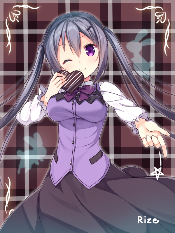 1girl ;) bangs black_skirt bow bowtie breasts buttons character_name chocolate chocolate_heart closed_mouth collared_shirt commentary_request cowboy_shot food gochuumon_wa_usagi_desu_ka? grey_hair hair_between_eyes hair_ornament hairclip heart holding holding_food large_breasts long_hair long_sleeves one_eye_closed purple_bow purple_bowtie purple_vest rabbit rabbit_house_uniform shirt sidelocks skirt smile solo star tedeza_rize twintails usume_shirou vest violet_eyes white_shirt