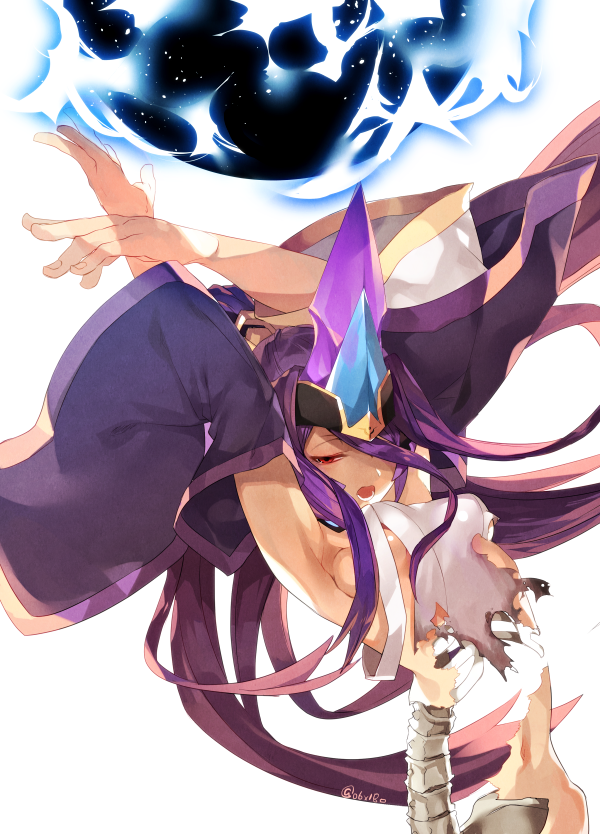 1girl armpits blazblue blazblue:_central_fiction breasts detached_sleeves hades_izanami hair_over_one_eye hyakuhachi_(over3) medium_breasts mikado_(blazblue) navel purple_hair red_eyes solo spine torn_clothes