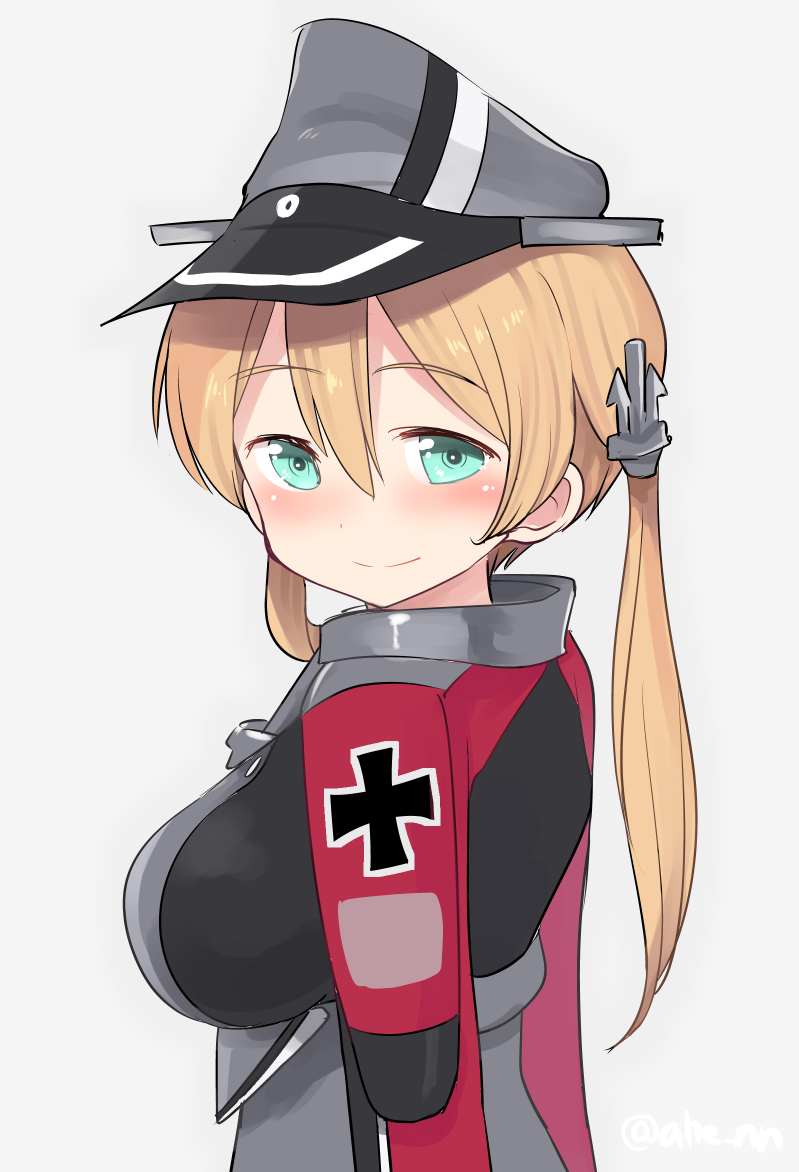 1girl ahenn aqua_eyes blonde_hair blush breasts eyebrows_visible_through_hair grey_background hair_between_eyes hat kantai_collection large_breasts long_hair long_sleeves looking_at_viewer low_twintails military military_hat military_uniform peaked_cap prinz_eugen_(kantai_collection) simple_background smile solo twintails twitter_username uniform upper_body