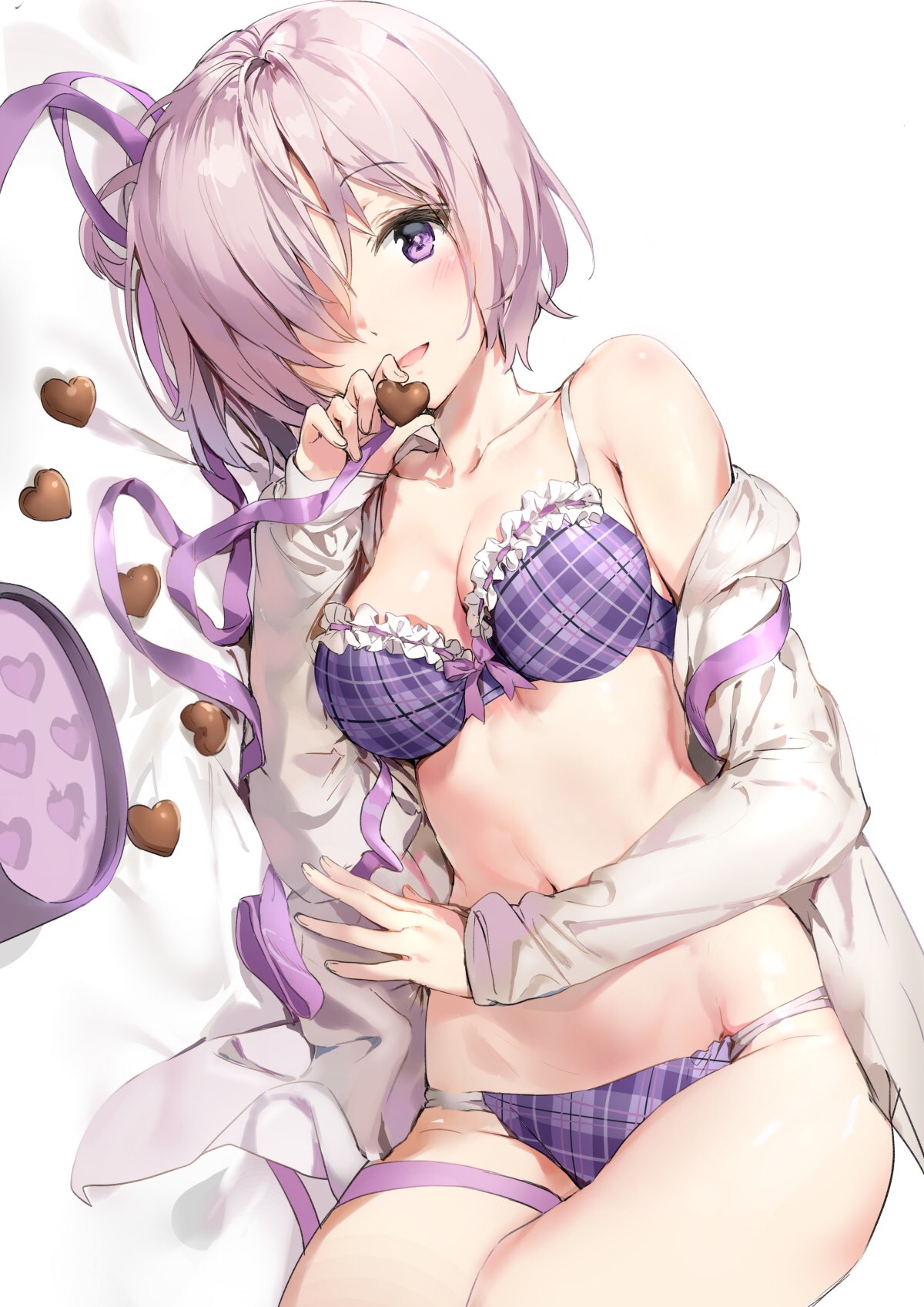 1girl anmi box bra breasts chocolate chocolate_heart fate/grand_order fate_(series) gift gift_box hair_over_one_eye heart highres looking_at_viewer lying medium_breasts navel on_side panties plaid plaid_bra plaid_panties purple_bra purple_hair purple_panties shielder_(fate/grand_order) shirt simple_background smile solo underwear valentine violet_eyes white_background white_shirt