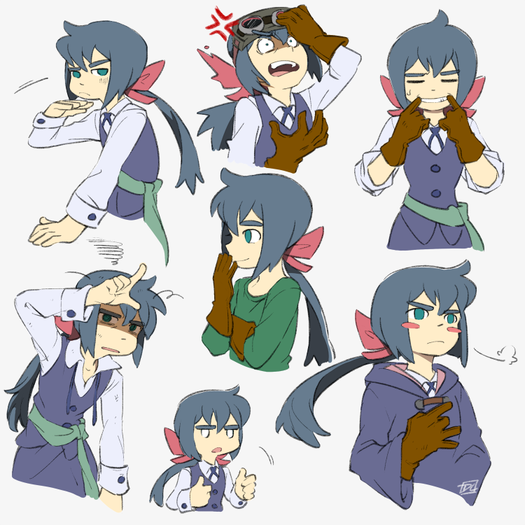 1girl anger_vein artist_name blank_eyes blush_stickers bow closed_mouth constanze_amalie_von_braunschbank-albrechtsberger dirty_clothes dl fingersmile gloves goggles goggles_on_head green_eyes green_shirt hair_bow hand_on_own_chest hand_on_own_head hand_to_own_mouth little_witch_academia long_hair multiple_views open_mouth ponytail robe sash shaded_face shirt sigh signature smile squiggle upper_body vest