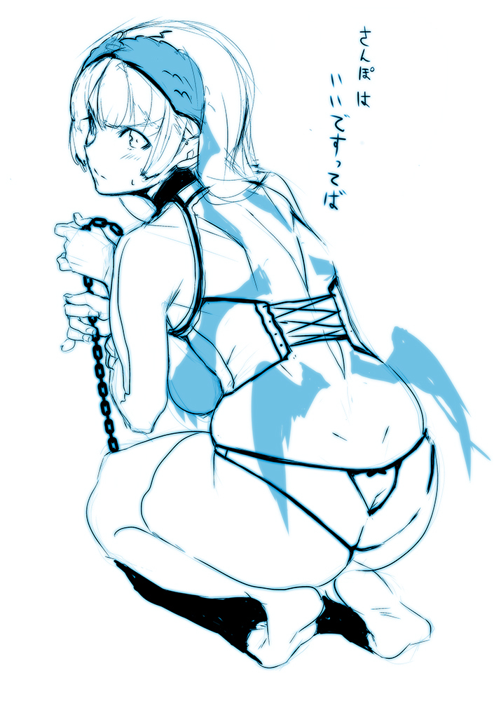 1girl ass ass_cutout barefoot blush butt_crack chains collar corset dimples_of_venus feet keyhole_panties leash long_hair looking_at_viewer monochrome original panties sasaoka_gungu simple_background solo squatting sweatdrop thigh-highs underwear white_background wings