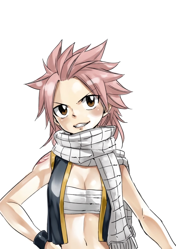 1girl breasts brown_eyes cleavage fairy_tail female genderswap genderswap_(mtf) grin hand_on_hip looking_at_viewer mashima_hiro medium_breasts natsu_dragneel navel official_art pink_hair sarashi scarf shiny shiny_skin simple_background smile solo spiky_hair tattoo upper_body white_background white_scarf wrist_cuffs