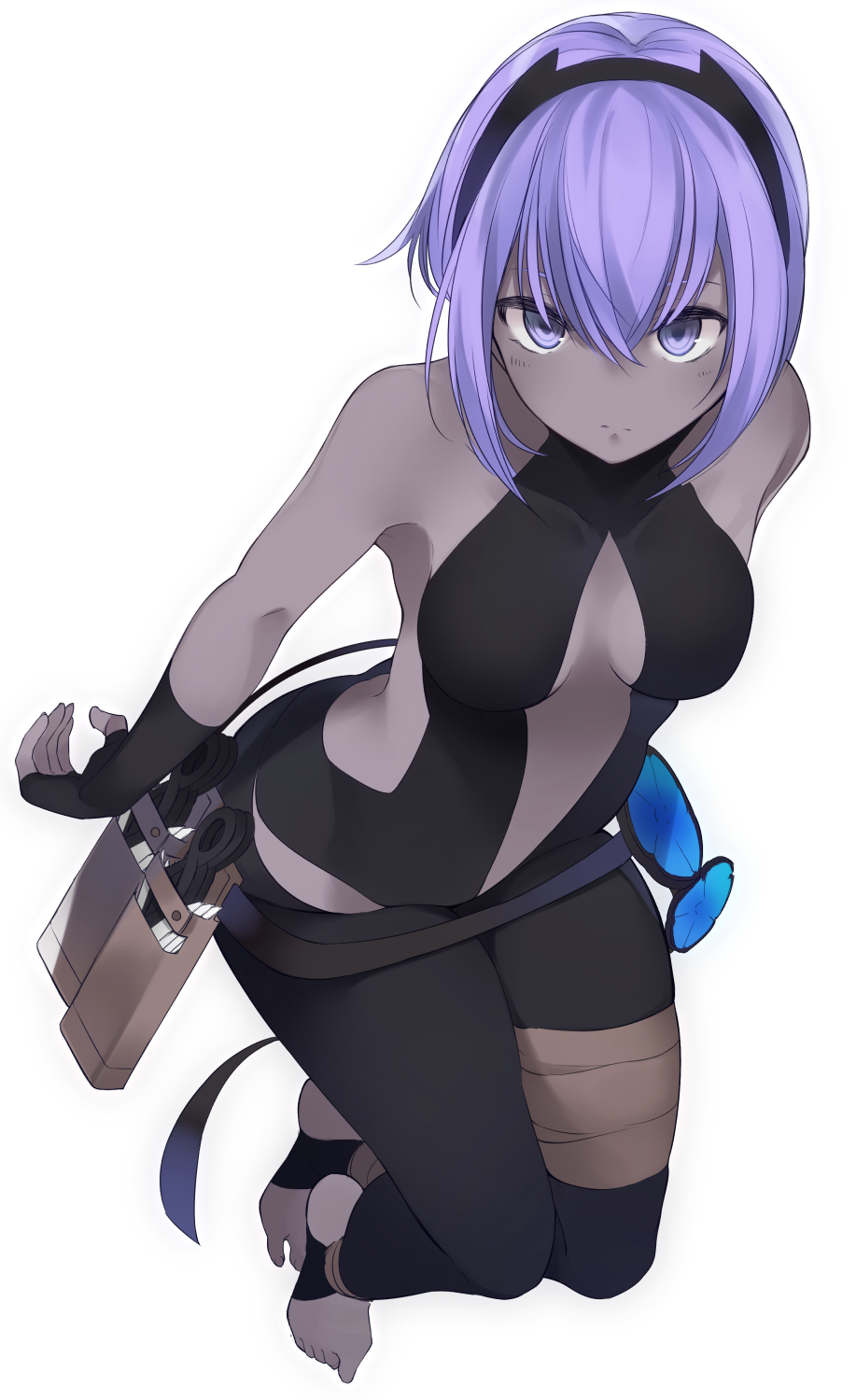 1girl assassin_(fate/prototype_fragments) backless_outfit bandaged_leg bangs bare_shoulders black_gloves black_legwear blush breasts center_opening dark_skin fate/grand_order fate/prototype fate/prototype:_fragments_of_blue_and_silver fate_(series) fingerless_gloves full_body gloves hairband highres leotard looking_at_viewer medium_breasts purple_hair short_hair sideboob solo tsunekichi violet_eyes weapon white_background