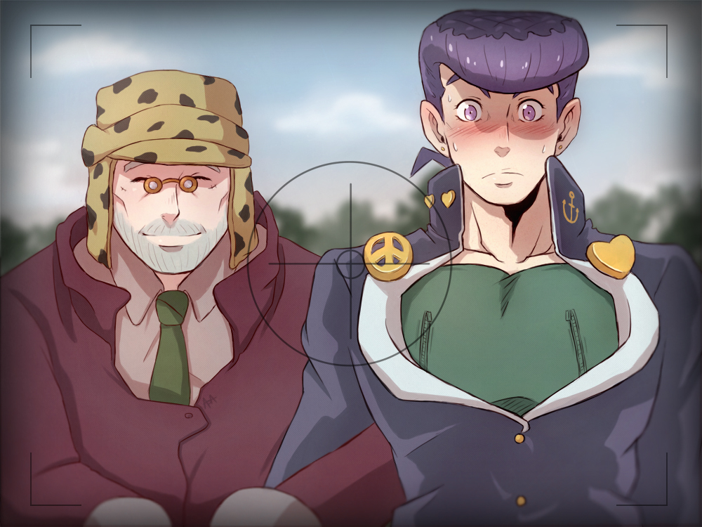 2boys 7repose beard blush facial_hair father_and_son gakuran glasses grey_hair hat higashikata_jousuke jojo_no_kimyou_na_bouken joseph_joestar male_focus multiple_boys pompadour purple_hair school_uniform smile viewfinder violet_eyes