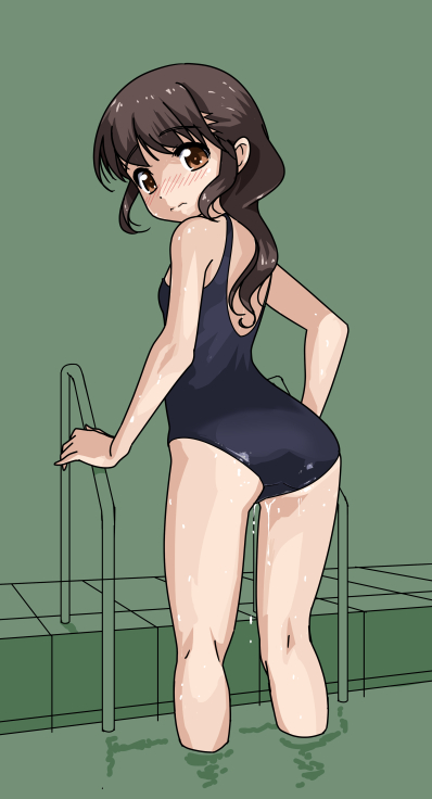 1girl ass black_hair brown_eyes from_behind green_background leaning_forward long_hair looking_at_viewer looking_back original pool_ladder rohitsuka school_swimsuit soaking_feet solo swimsuit wet wet_clothes wet_swimsuit