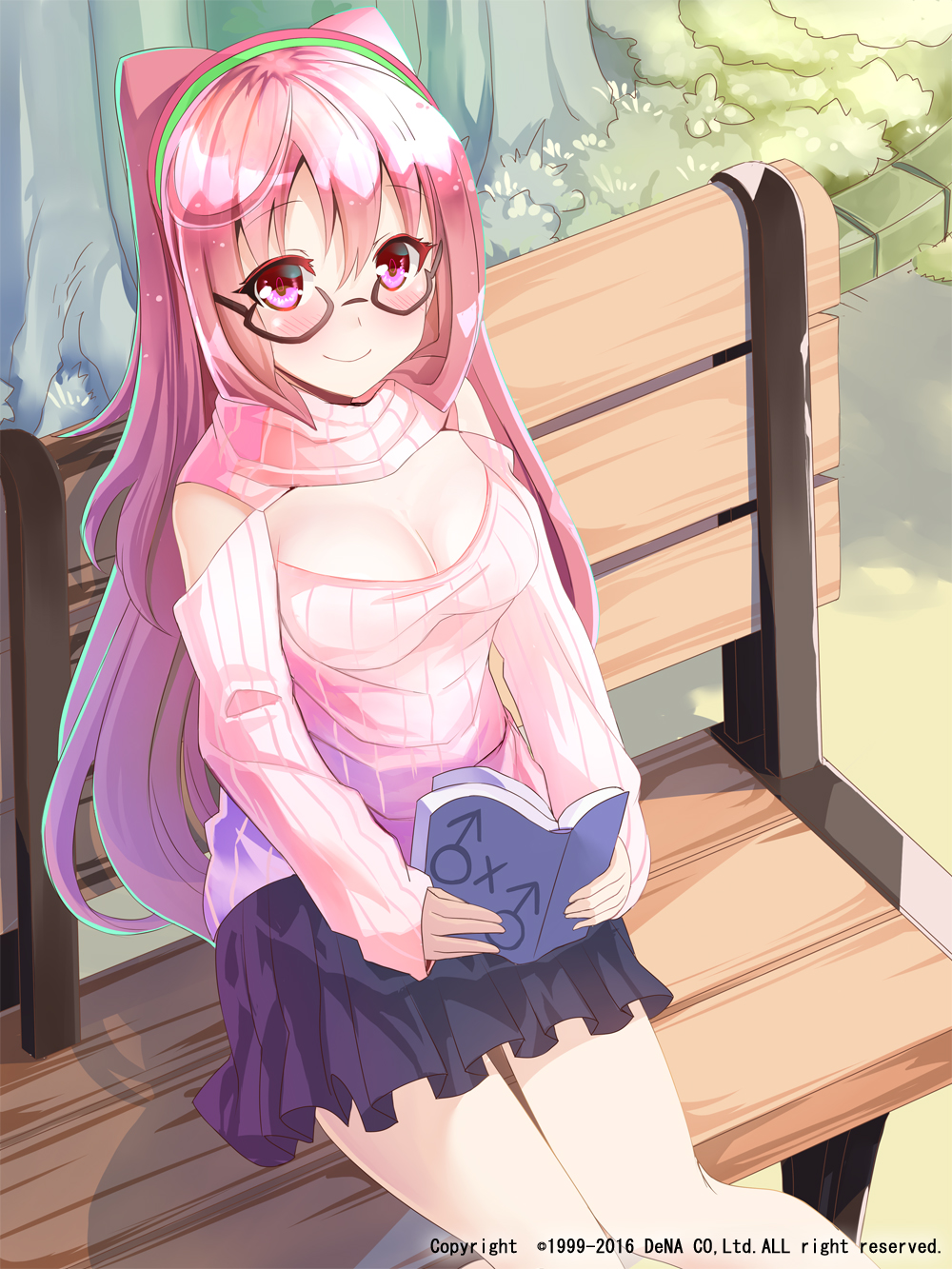 1girl bare_shoulders bench bespectacled blush book breasts center_opening cleavage cleavage_cutout dress glasses hacka_doll hacka_doll_2 highres large_breasts long_hair long_sleeves looking_at_viewer manga_(object) meme_attire miniskirt open-chest_sweater outdoors park_bench pink_eyes pink_hair pleated_skirt reading ribbed_sweater semi-rimless_glasses shirt sho_(runatic_moon) shoulder_cutout sitting skirt smile solo sweater under-rim_glasses yaoi