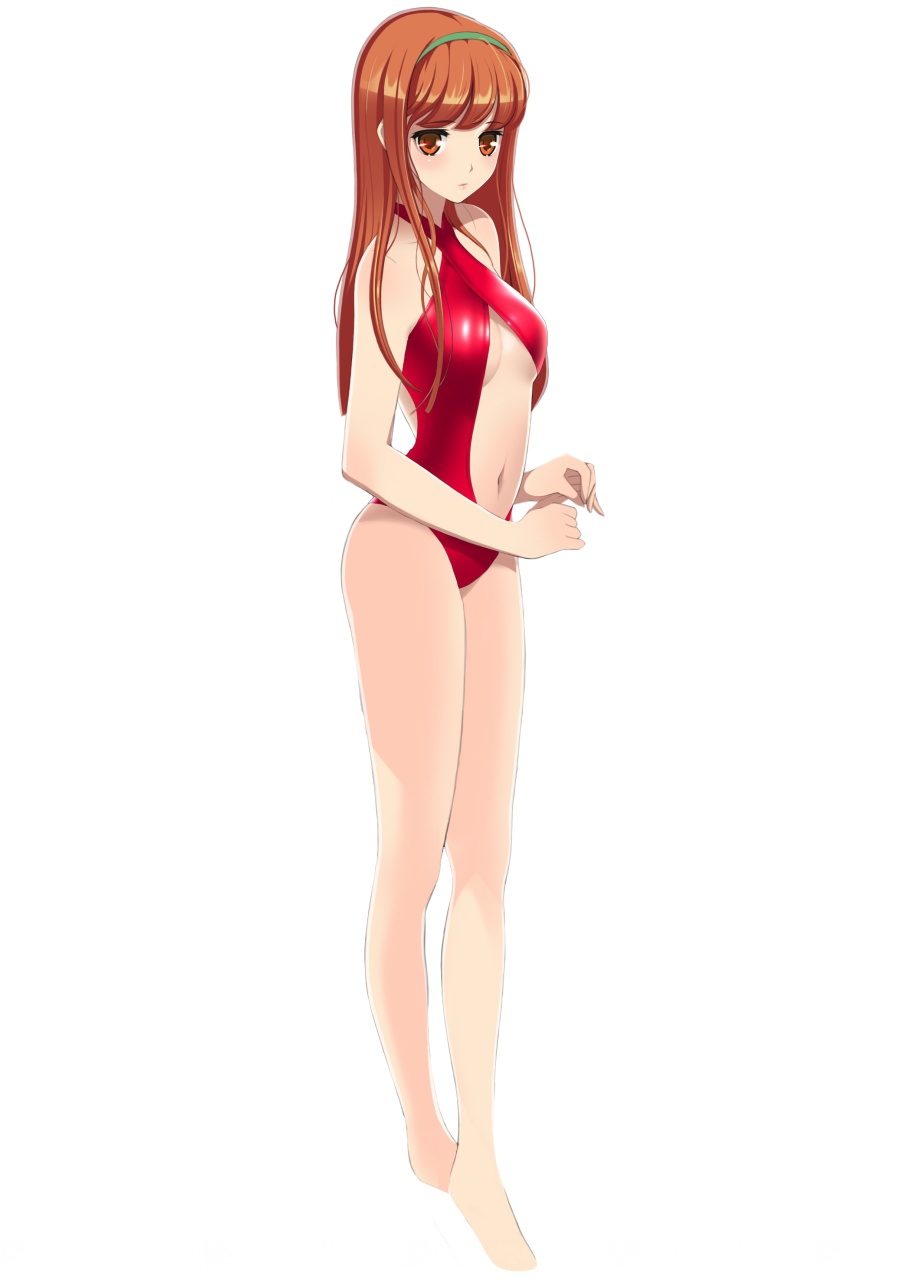 1girl barefoot breasts brown_eyes brown_hair casual_one-piece_swimsuit cleavage dorifutogaazaru full_body green_hairband highres long_hair medium_breasts navel official_art one-piece_swimsuit red_swimsuit solo sugiura_nana swimsuit