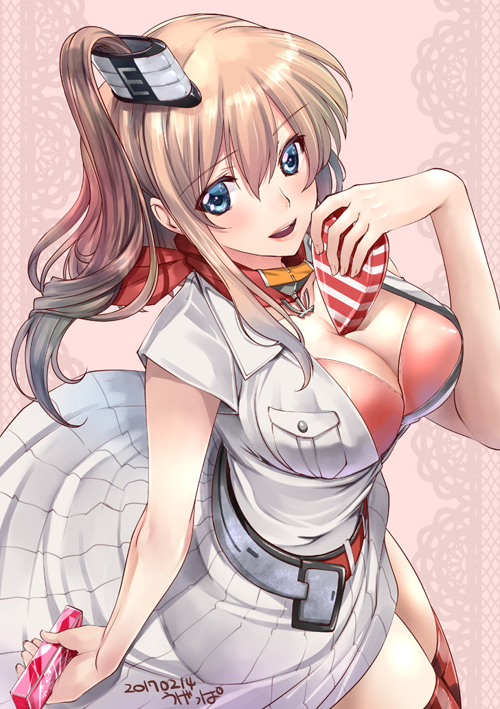 1girl 2017 anchor artist_name blouse blue_eyes bra breast_pocket breasts brown_hair chocolate chocolate_heart cleavage dated dress from_above hair_between_eyes hat heart kantai_collection large_breasts long_hair looking_at_viewer open_blouse open_clothes open_mouth pink_background pocket ponytail red_belt red_bra red_legwear red_neckerchief saratoga_(kantai_collection) see-through short_sleeves side_ponytail smokestack solo thigh-highs ugeppa underwear white_blouse white_dress