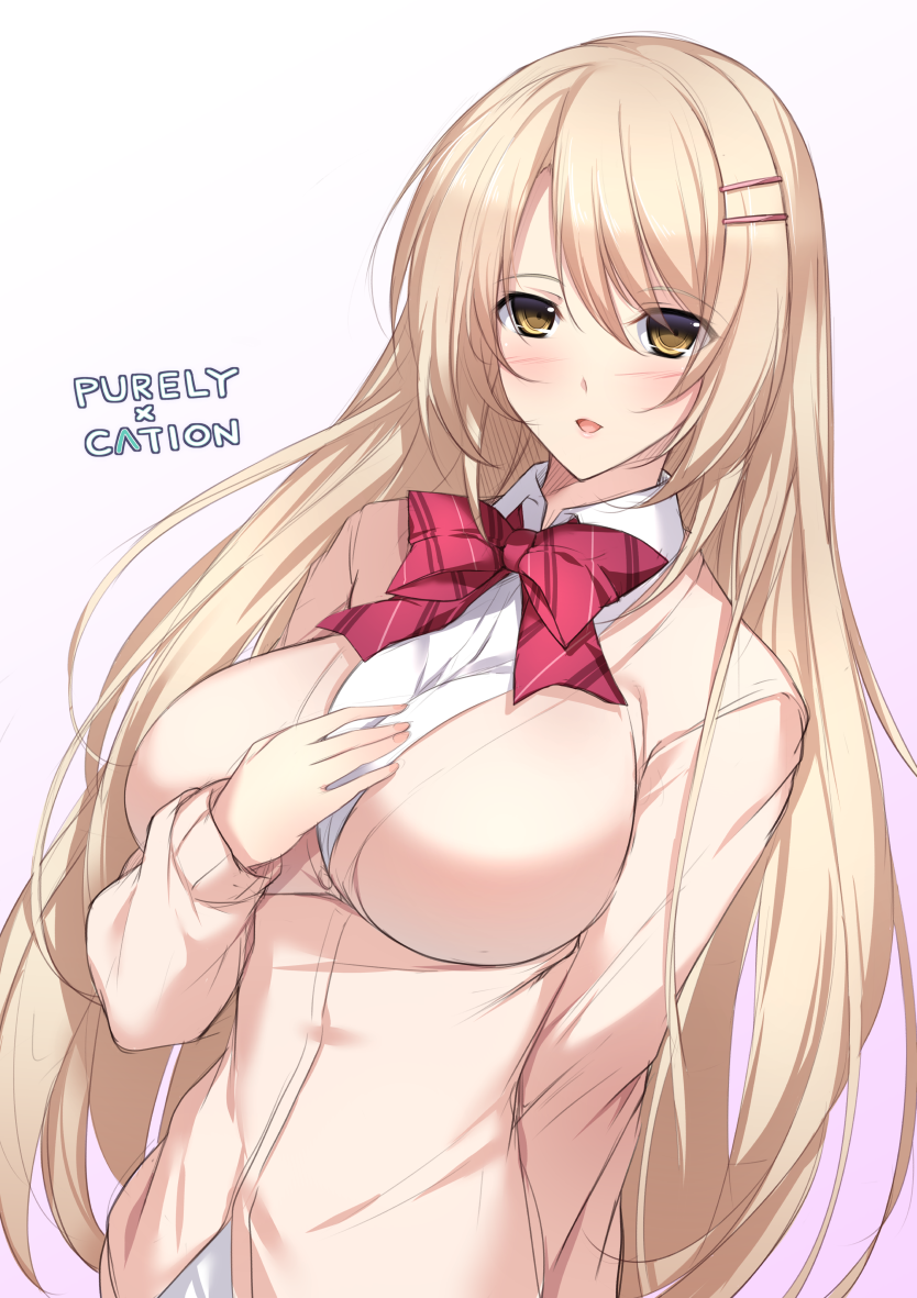 1girl blonde_hair blush bow breasts cardigan copyright_name hair_ornament hairclip hand_on_own_chest large_breasts long_hair looking_at_viewer minamon_(vittel221) natsuki_hikari open_mouth purely_x_cation school_uniform smile solo very_long_hair yellow_eyes