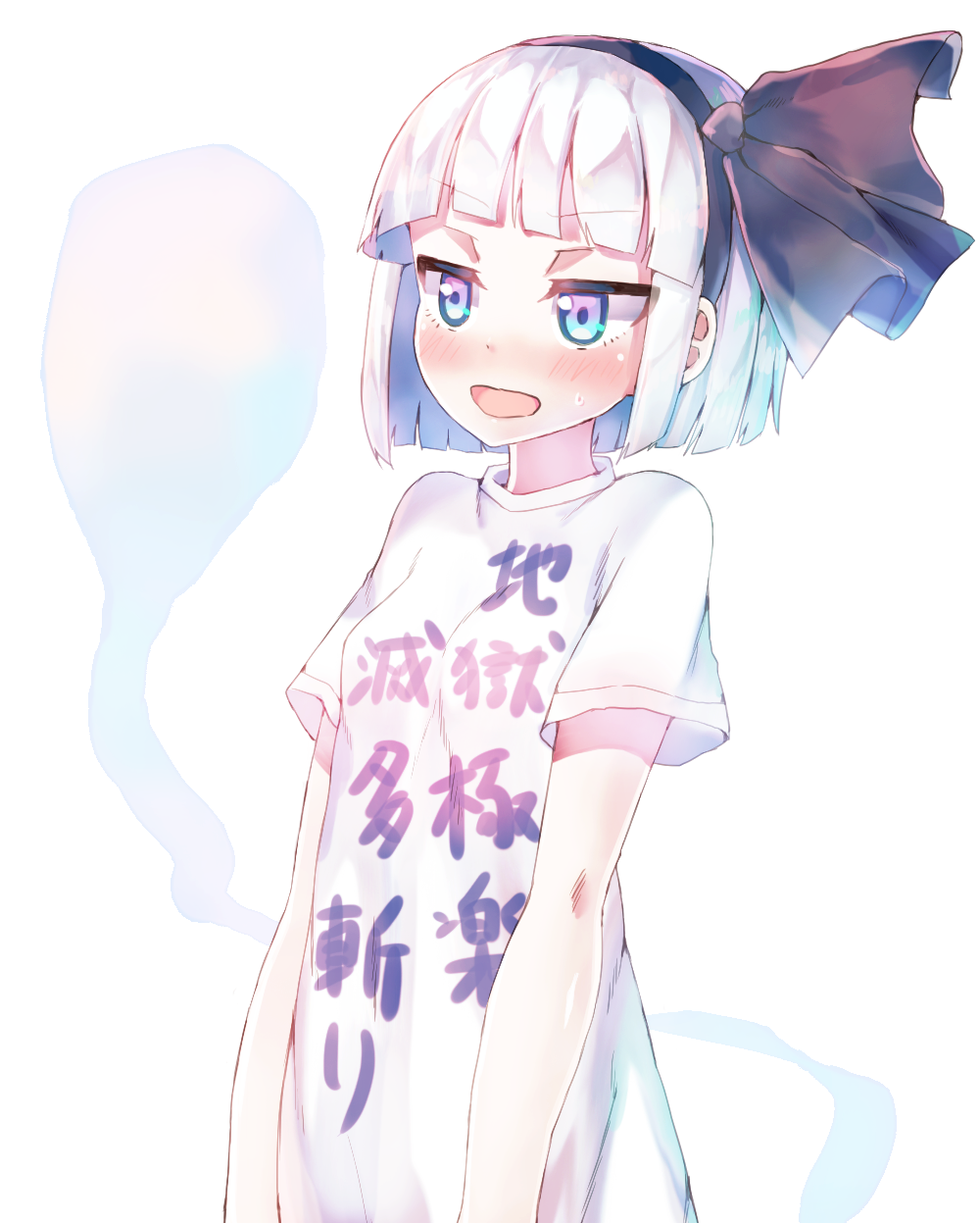 &gt;:d 1girl :d bangs bare_arms black_hairband black_ribbon blunt_bangs blush bob_cut breasts clothes_writing eyebrows_visible_through_hair gradient_eyes hair_ribbon hairband highres hitodama konpaku_youmu multicolored multicolored_eyes open_mouth pulled_by_self re-ka ribbon shirt short_hair short_sleeves small_breasts smile solo sweatdrop t-shirt touhou translation_request upper_body white_background white_hair white_shirt