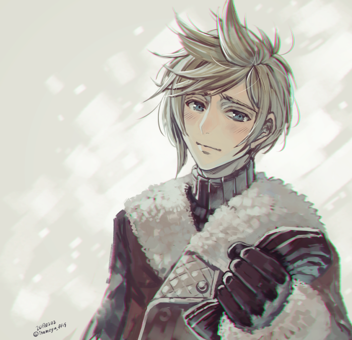 1boy blonde_hair blue_eyes coat final_fantasy final_fantasy_xv gloves isakawa_megumi looking_at_viewer male_focus prompto_argentum signature smile snowing solo spiky_hair sweater winter_clothes