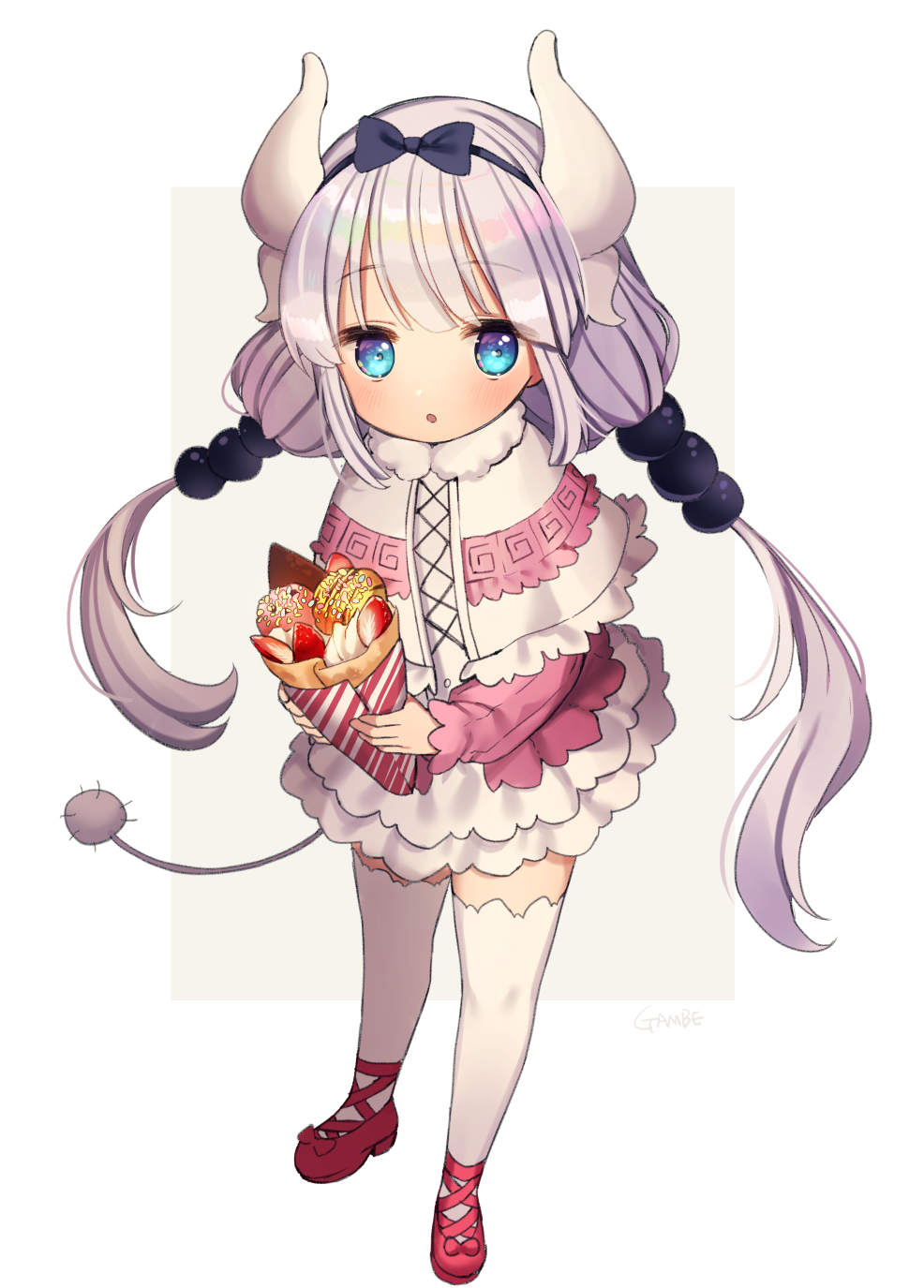 1girl :o artist_name bangs beads black_bow black_hairband blue_eyes blunt_bangs bow capelet crepe cross-laced_clothes cross-laced_footwear dragon_girl dragon_horns eyebrows_visible_through_hair food fruit full_body fur_trim gambe_(seelunto) hair_beads hair_ornament hairband highres holding holding_food horns ice_cream kanna_kamui kobayashi-san_chi_no_maidragon lavender_hair legs_apart long_hair long_sleeves looking_at_viewer low_twintails pink_shoes shoes sidelocks solo standing strawberry striped tail thigh-highs twintails white_background white_legwear wrapper zettai_ryouiki
