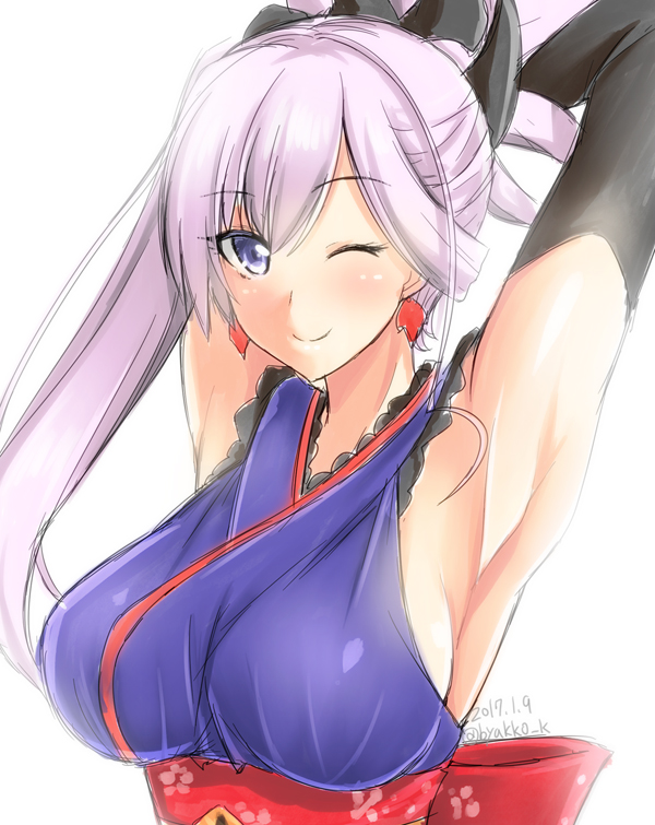 1girl armpits arms_up asymmetrical_hair blue_eyes blush breasts detached_sleeves earrings fate/grand_order fate_(series) floral_print hair_ornament japanese_clothes jewelry kimono kirisaki_byakko large_breasts long_hair looking_at_viewer miyamoto_musashi_(fate/grand_order) one_eye_closed pink_hair ponytail sash simple_background smile white_background