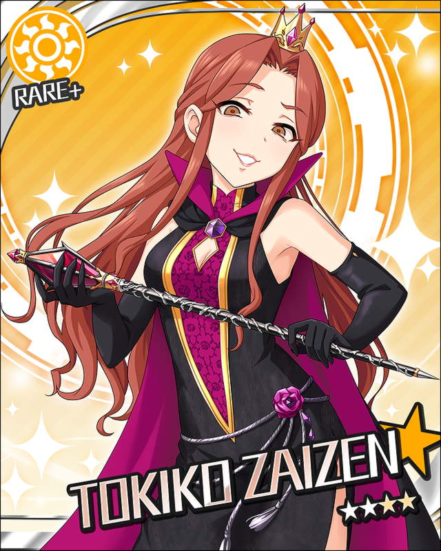 1girl artist_request black_dress breasts brown_eyes cape card_(medium) character_name cleavage crown dress elbow_gloves gloves grin holding idolmaster idolmaster_cinderella_girls long_hair looking_at_viewer official_art open_mouth queen redhead smile solo sun_(symbol) zaizen_tokiko