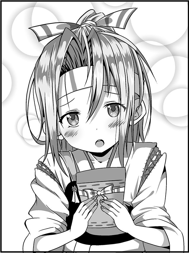 1girl blush bow box commentary_request gift gift_box greyscale hachimaki hair_between_eyes hair_ribbon headband holding holding_gift japanese_clothes kantai_collection long_hair long_sleeves looking_at_viewer monochrome muneate open_mouth ponytail ribbon shino_(ponjiyuusu) solo sparkle_background upper_body white_background wide_sleeves zuihou_(kantai_collection)