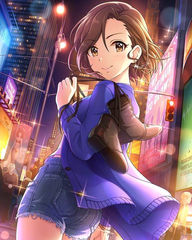 1girl artist_request bracelet brown_eyes brown_hair card_(medium) city cityscape earrings idolmaster idolmaster_cinderella_girls jewelry looking_at_viewer mizuki_seira night night_sky official_art shoes short_hair shorts sky smile solo sweater wind wind_lift