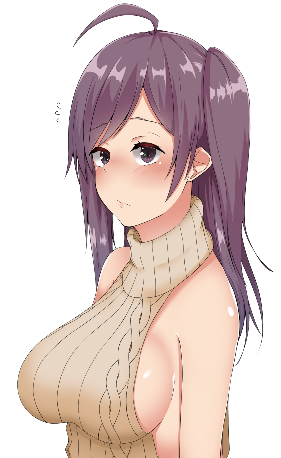 1girl :/ ahoge bangs bare_shoulders beige_sweater blush breasts closed_mouth eyebrows_visible_through_hair flying_sweatdrops hagikaze_(kantai_collection) kamenoyou kantai_collection long_hair looking_at_viewer medium_breasts meme_attire no_bra nose_blush pink_lips purple_hair ribbed_sweater shiny shiny_hair shiny_skin side_ponytail sideboob simple_background sleeveless sleeveless_turtleneck solo straight_hair sweater swept_bangs turtleneck violet_eyes virgin_killer_sweater white_background