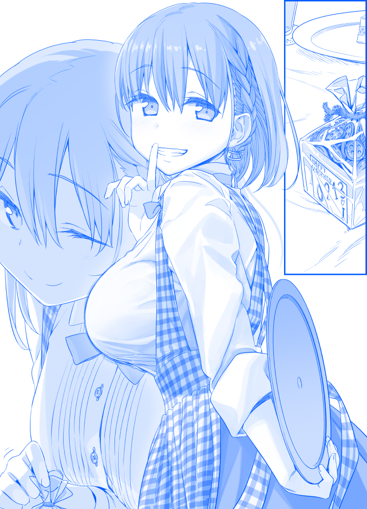 1girl ai-chan_(tawawa) apron blue blush braid breasts cookie finger_to_mouth food getsuyoubi_no_tawawa himura_kiseki koubeya_uniform large_breasts looking_at_viewer monochrome one_eye_closed open_mouth plaid short_hair side_braid skirt smile solo tray uniform valentine waitress winking