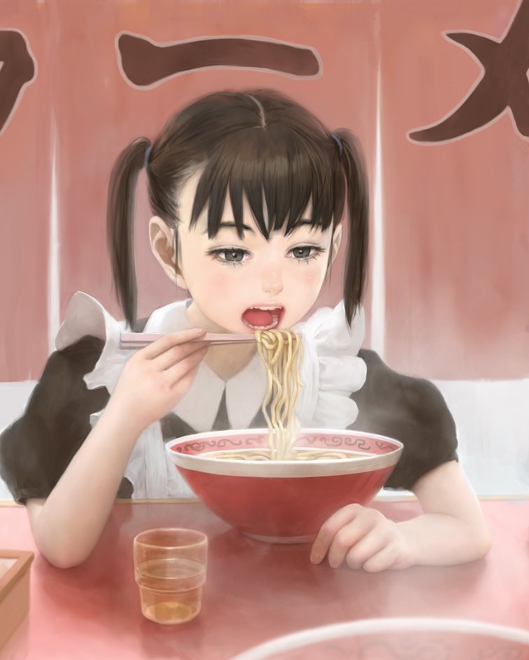 1girl black_eyes black_hair bowl chopsticks cup eating food maid mujiha noodles open_mouth original ramen short_sleeves short_twintails solo steam teeth tongue twintails twintails_day