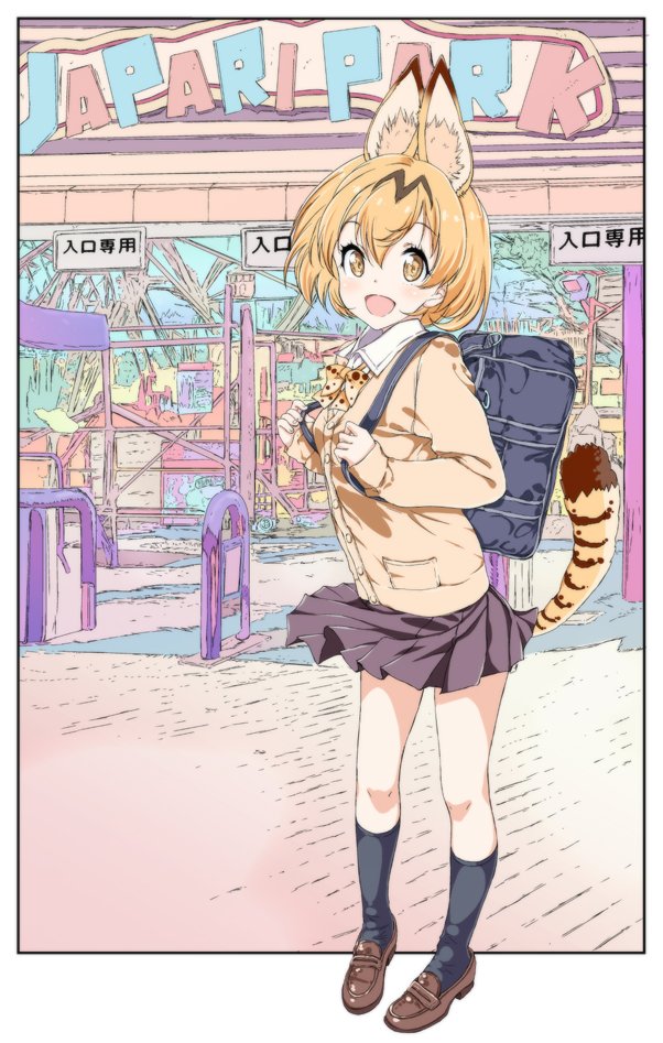 1girl alternate_costume animal_ears artist_request bag bag_charm black_legwear blonde_hair blush bow bowtie cardigan cat_ears commentary_request eyebrows_visible_through_hair full_body kemono_friends kneehighs loafers looking_at_viewer open_mouth outdoors pleated_skirt school_bag school_uniform serval_(kemono_friends) shoes short_hair skirt solo tail yellow_eyes