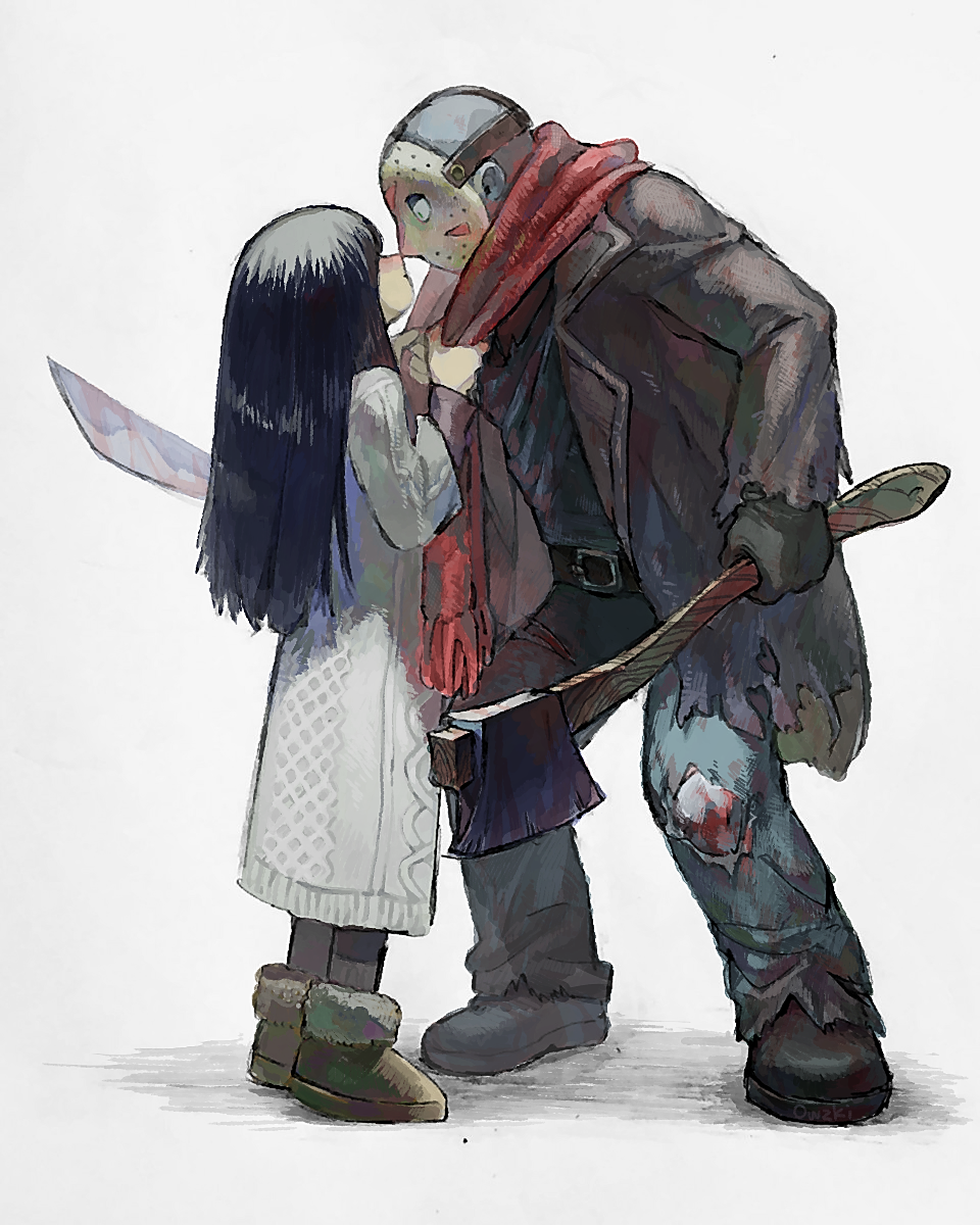 1boy 1girl bangs black_hair crossover friday_the_13th from_side hetero highres hockey_mask jason_voorhees leaning_forward long_hair looking_at_another mask outsuki profile red_scarf scarf standing the_ring valentine weapon yamamura_sadako