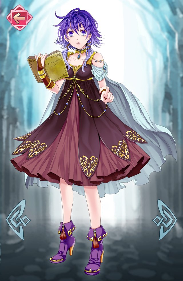 1girl bare_shoulders blue_cape book boots bridal_gauntlets cape choker directional_arrow dress fake_screenshot fire_emblem fire_emblem:_seima_no_kouseki fire_emblem_heroes high_heel_boots high_heels jewelry low_twintails lute_(fire_emblem) open_book pointing pointing_at_viewer purple_dress purple_hair purple_shoes shoes short_hair solo tsuuko_(25mnts) twintails violet_eyes