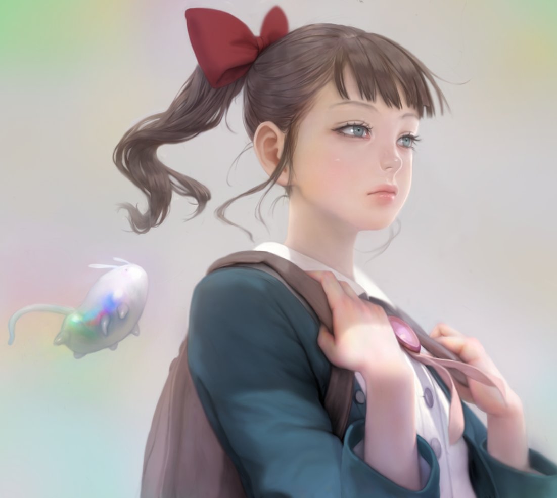 1girl backpack bag bangs blue_eyes bow brown_hair closed_mouth commentary_request hair_bow hands_up light_frown lips looking_ahead mujiha nose original ponytail red_bow short_hair solo upper_body
