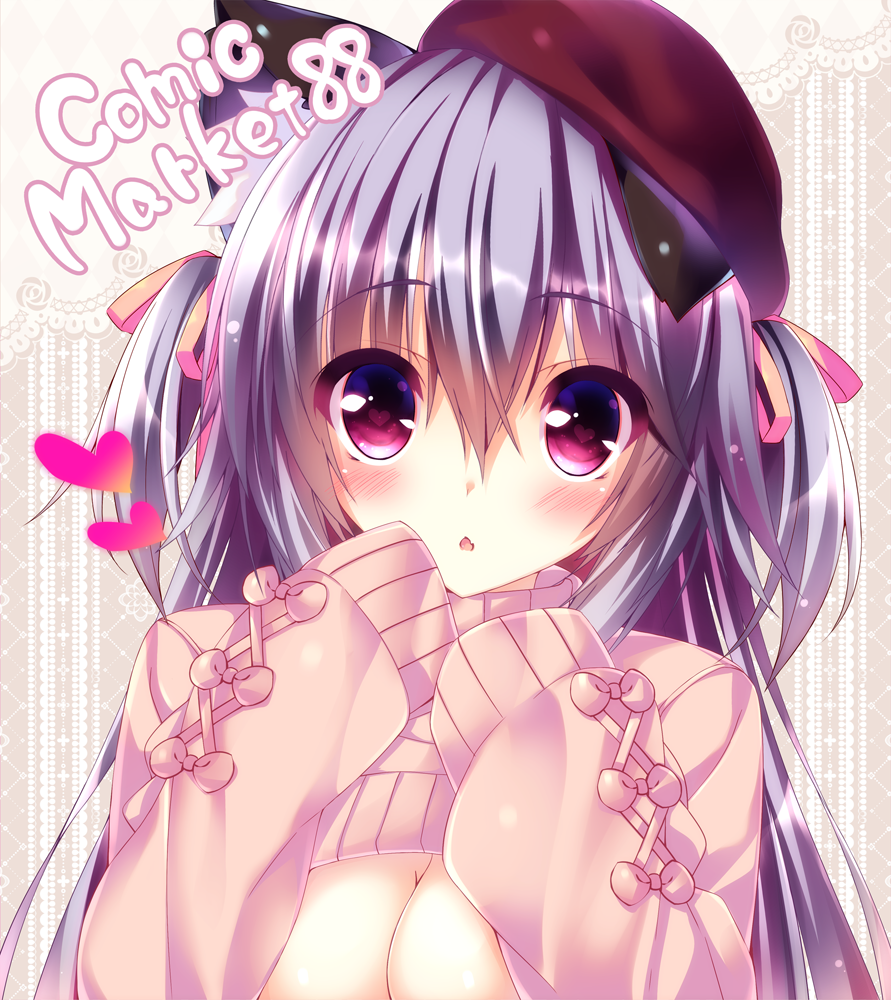 1girl animal_ears argyle argyle_background arms_up bangs blush bow breasts breasts_outside cat_ears chestnut_mouth cleavage comiket comiket_88 cross-laced_clothes english eyes fang floral_background flower gradient_eyes hair_ribbon hand_on_own_face hands_in_sleeves hat heart heart-shaped_pupils lace lace_background large_breasts lavender_hair long_hair long_sleeves looking_at_viewer meme_attire multicolored multicolored_eyes no_bra ooji_cha open-chest_sweater original out-of-frame_censoring pink_bow pink_ribbon pink_sweater red_hat ribbed_sweater ribbon rose sleeves_past_wrists solo sweater symbol-shaped_pupils text turtleneck turtleneck_sweater two_side_up upper_body violet_eyes