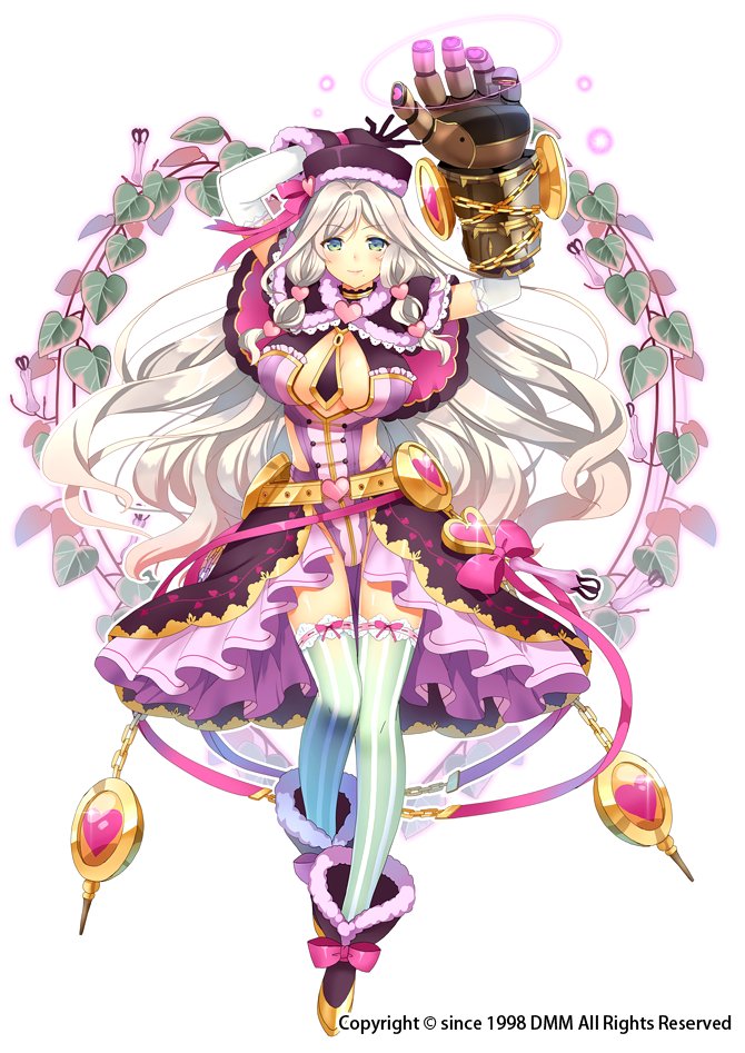 1girl blue_eyes bow breasts flower_knight_girl full_body gauntlets gloves green_legwear haatokazura_(flower_knight_girl) hair_ornament hat hat_bow heart_hair_ornament kurot large_breasts leaf leotard long_hair looking_at_viewer object_namesake official_art pink_bow purple_gloves purple_hat purple_shoes shoes skirt smile solo standing striped striped_legwear thigh-highs vertical-striped_legwear vertical_stripes white_hair
