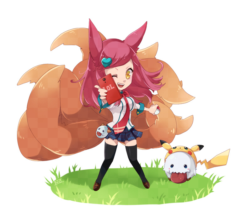 1girl academy_ahri animal_ears bangs black_legwear breasts cellphone chibi cosplay fox_ears fox_tail hair_ornament hairclip heart_hair_ornament kakip large_breasts league_of_legends long_hair looking_at_viewer multiple_tails necktie one_eye_closed open_mouth phone pikachu pikachu_(cosplay) poke_ball red_necktie redhead school_uniform skirt solo tail thigh-highs whisker_markings yellow_eyes