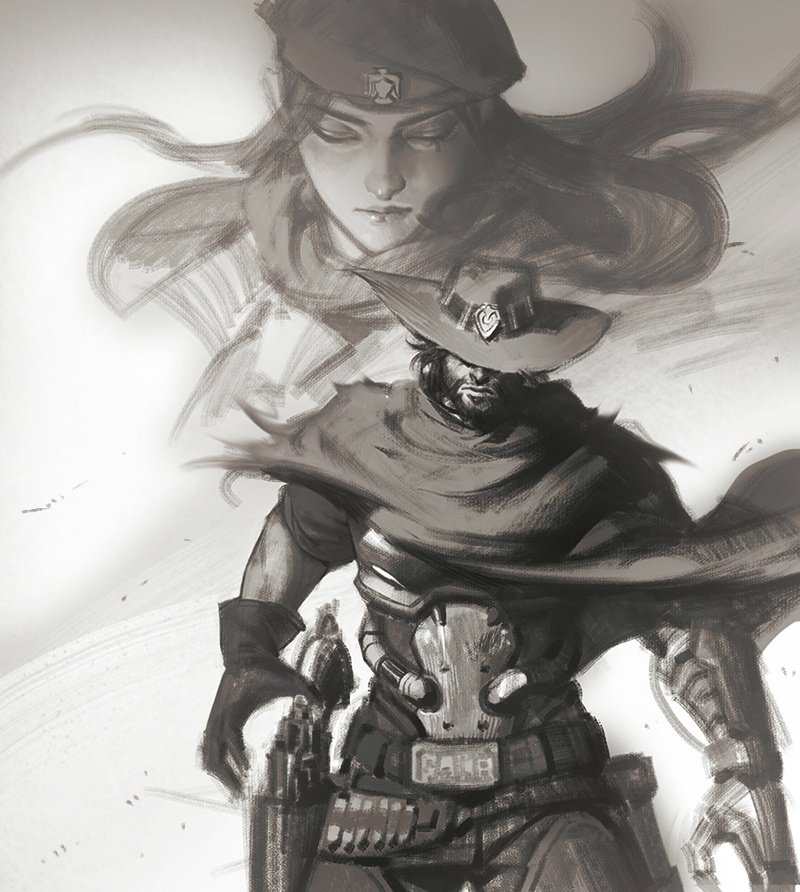 1girl ana_(overwatch) beret cape captain_amari closed_eyes cowboy_hat cowboy_shot et.m eyepatch gloves greyscale gun hat holster mccree_(overwatch) mechanical_arm monochrome overwatch tattoo weapon younger