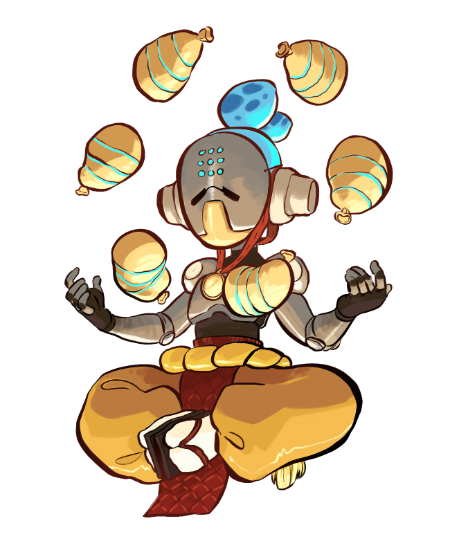 1boy baggy_pants balloon blue_hair commentary cosplay costume floating funkgamut holding holding_weapon humanoid_robot indian_style inkling mask monk omnic overwatch pants rope sandals simple_background sitting splatoon tentacle_hair weapon white_background zenyatta_(overwatch) zenyatta_(overwatch)_(cosplay)