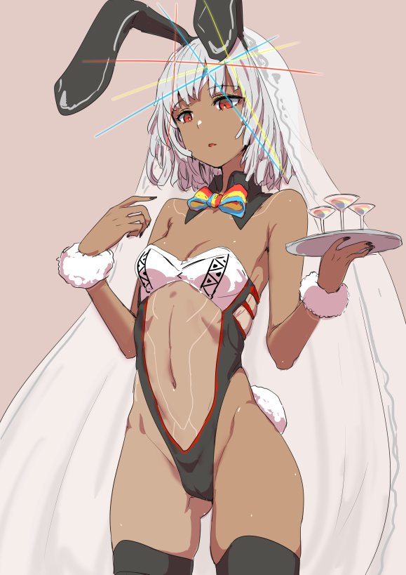 1girl adapted_costume altera_(fate) animal_ears black_legwear black_nails breasts bunny_girl bunny_tail clearite cleavage cocktail_glass cup dark_skin drinking_glass eyebrows_visible_through_hair fate/grand_order fate_(series) long_hair nail_polish rabbit_ears red_eyes short_hair silver_hair simple_background simple_backgrund small_breasts solo tail tattoo thigh-highs tray veil