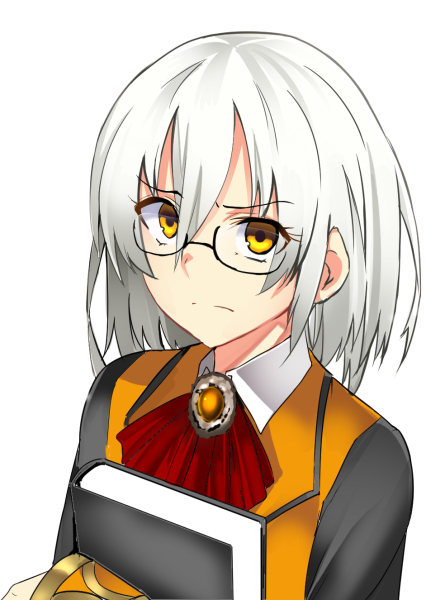 alternate_hair_length alternate_hairstyle bespectacled book commentary_request fate/grand_order fate_(series) glasses olga_marie uniform white_background white_hair yellow_eyes yuge_(yuge_bakuhatsu)
