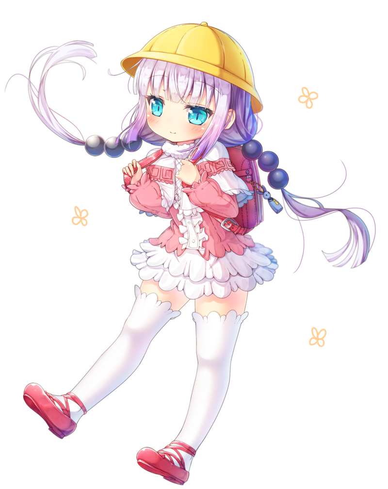 1girl backpack bag bangs beads blue_eyes blunt_bangs blush capelet charm_(object) dragon_girl dress eyebrows_visible_through_hair full_body hair_beads hair_ornament kanna_kamui kobayashi-san_chi_no_maidragon long_hair looking_at_viewer matokechi randoseru red_shoes shoes short_dress silver_hair simple_background slit_pupils smile solo thigh-highs twintails white_legwear zettai_ryouiki