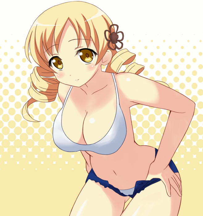 blonde_hair blush bra breasts cleavage collarbone drill_hair gluteal_fold gradient gradient_background icetiina large_breasts looking_at_viewer mahou_shoujo_madoka_magica navel panties partially_undressed polka_dot polka_dot_background short_shorts shorts smile thighs tomoe_mami twin_drills underwear yellow_eyes