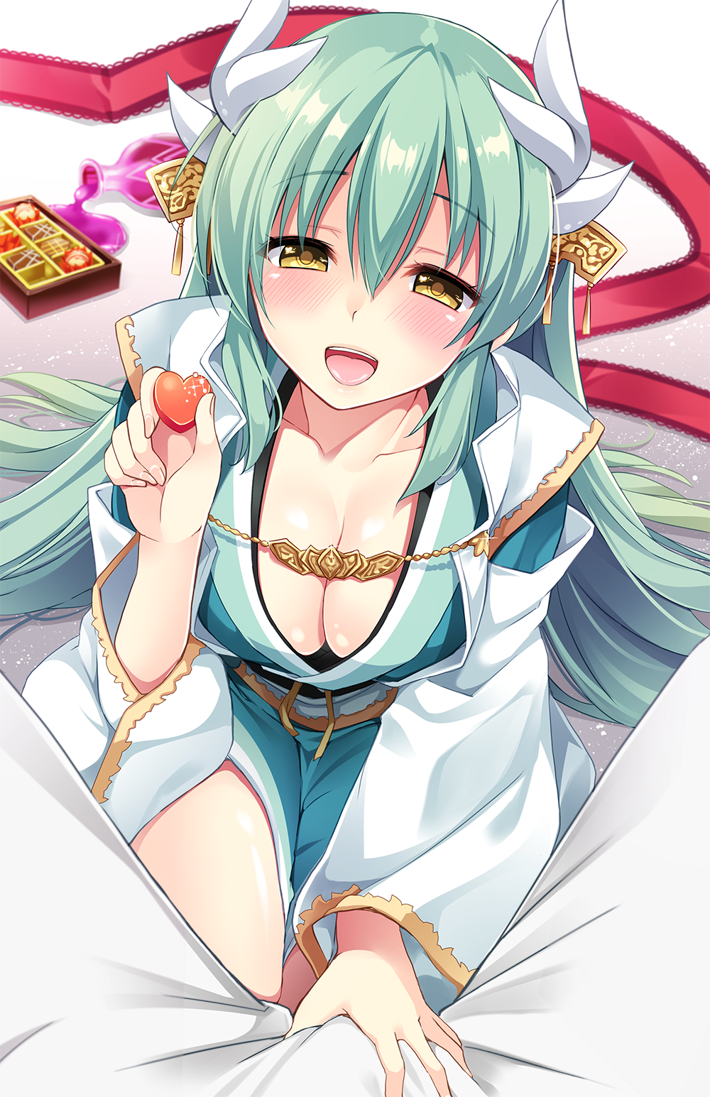 1girl :d blurry blush bottle box breasts chocolate chocolate_heart cleavage clothes_grab collarbone depth_of_field detached_sleeves eyebrows_visible_through_hair fate/grand_order fate_(series) fingernails food gradient gradient_background green_hair hair_ornament half-closed_eyes heart highres holding holding_food horns ikura_nagisa japanese_clothes kimono kiyohime_(fate/grand_order) light_particles liquid long_hair long_sleeves looking_at_viewer open_mouth out_of_frame pants pov pov_feeding red_ribbon ribbon shiny shiny_hair sitting smile solo_focus spill tongue valentine white_legwear white_pants wide_sleeves yellow_eyes