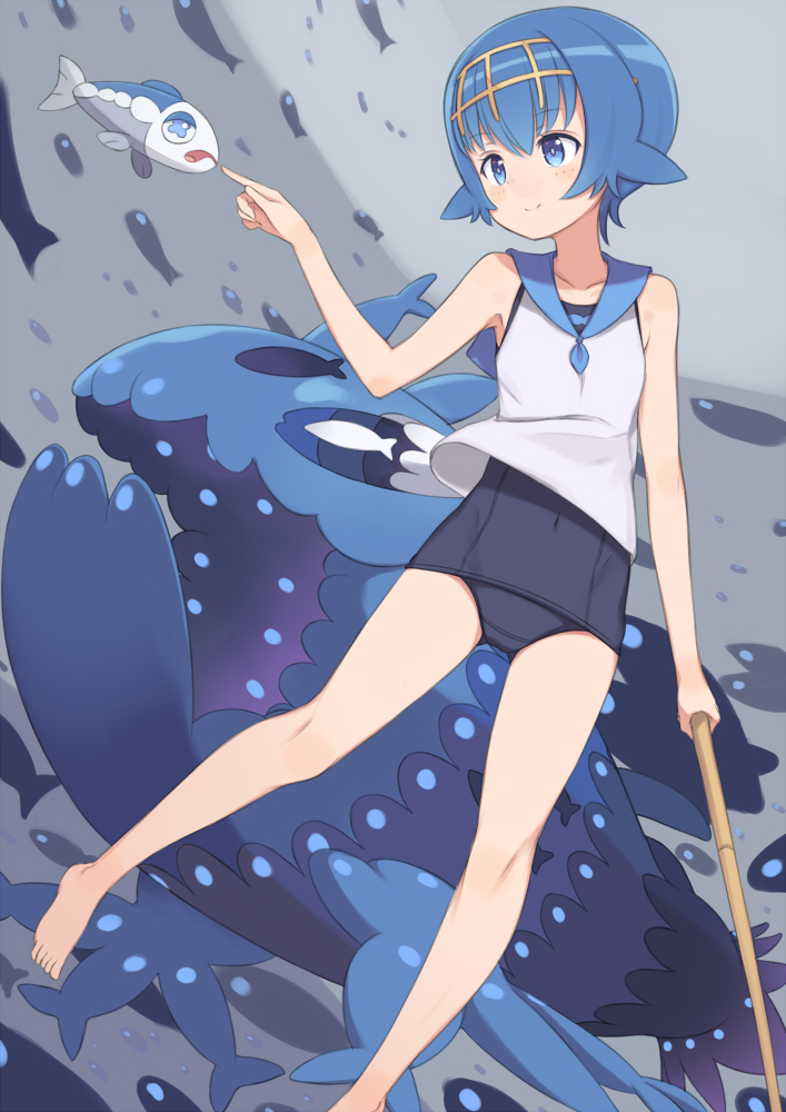 1girl barefoot blue_eyes blue_hair blush fishing_rod gamuo hairband one-piece_swimsuit pokemon pokemon_(game) pokemon_sm short_hair sleeveless smile suiren_(pokemon) swimsuit trial_captain wishiwashi