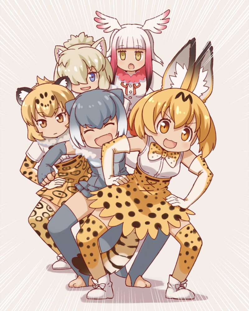 5girls :3 :d :o alpaca_ears alpaca_suri animal_ears bare_shoulders blonde_hair blue_eyes bow bowtie breasts cat_ears choo_choo_train closed_eyes crested_ibis_(kemono_friends) elbow_gloves eyebrows_visible_through_hair fingerless_gloves frilled_swimsuit frills fur_collar gloves gradient_hair hair_over_one_eye hands_on_hips head_wings hondarai jaguar_(kemono_friends) kemono_friends looking_at_viewer medium_breasts multicolored_hair multiple_girls open_mouth otter_(kemono_friends) serval_(kemono_friends) shoes short_hair skirt sleeveless smile swimsuit tail thigh-highs wings yellow_eyes