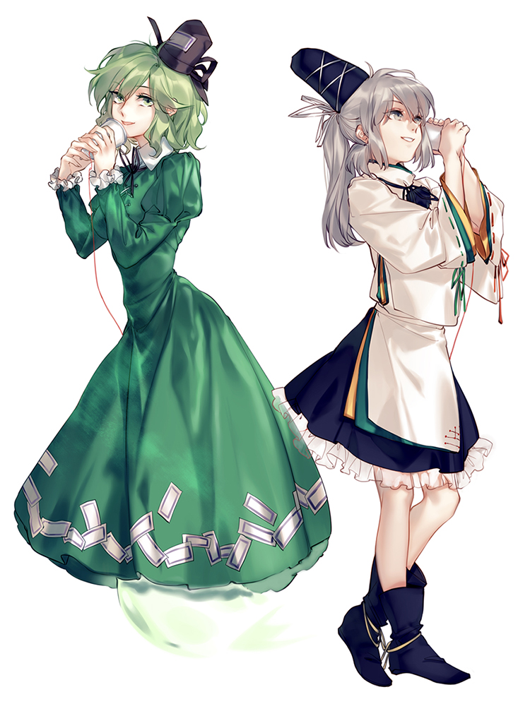 2girls dress full_body green_dress green_eyes green_hair grey_eyes hat hug_(yourhug) japanese_clothes juliet_sleeves kariginu long_sleeves looking_at_viewer mononobe_no_futo multiple_girls ofuda ponytail puffy_sleeves shoes silver_hair simple_background skirt soga_no_tojiko standing string string_phone tate_eboshi touhou white_background wide_sleeves