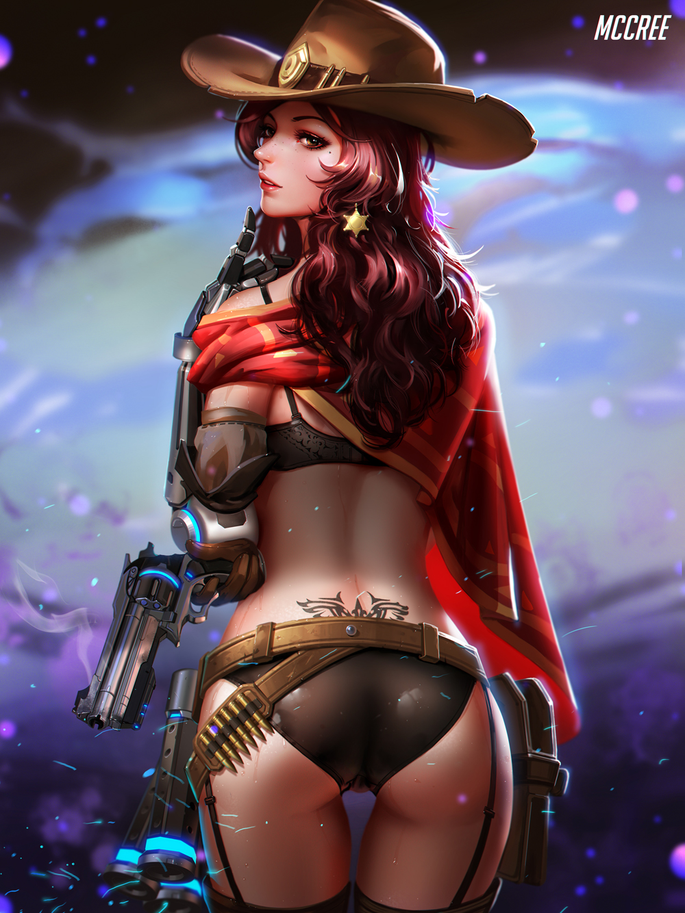 1girl ammunition ammunition_belt artist_name ass back_tattoo bare_shoulders belt black_bra black_legwear black_panties boots bra brown_belt brown_eyes brown_gloves brown_hair brown_hat bullet cape cartridge collarbone copyright_name cowboy_hat cowboy_shot cyborg dated dress earrings emblem explosive eyelashes finger_on_trigger finger_to_headwear finger_to_mouth flashbang freckles full_body garter_straps genderswap genderswap_(mtf) gloves grenade gun hair_over_one_eye hand_on_hip hand_up handgun hat highres holding holding_gun holding_weapon holster jewelry knee_pads liang_xing lips lipstick logo long_hair makeup mccree_(overwatch) mechanical_arm mechanical_hand mole mole_under_eye nose off_shoulder overwatch panties parted_lips pink_lips pink_lipstick pistol poncho red_cape revolver sheath sheriff_badge single_glove smoke solo standing star star_earrings sweat tattoo teeth thigh-highs thigh_gap underwear weapon western wing_tattoo