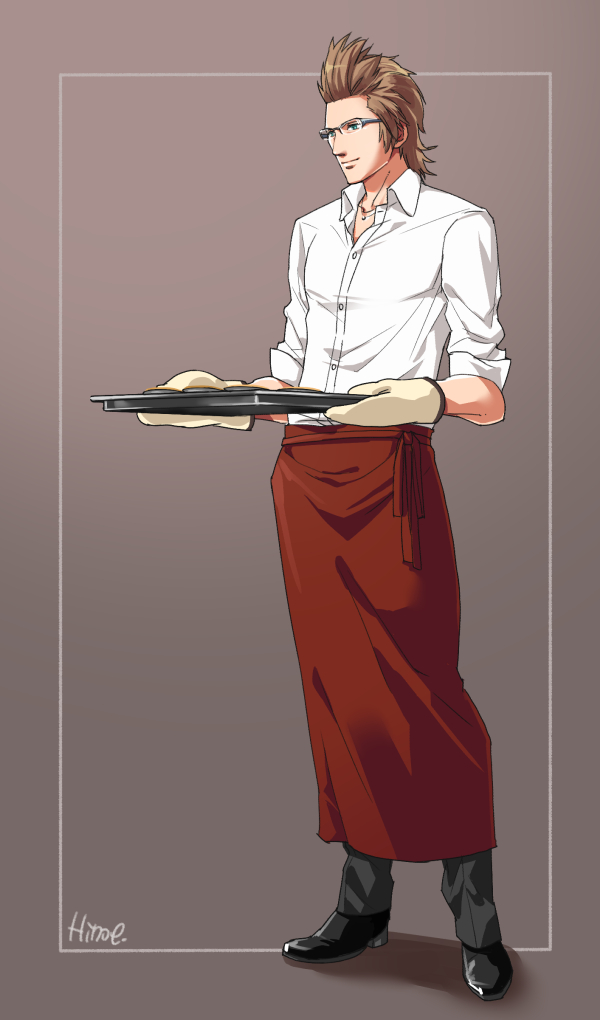 1boy apron baking_sheet brown_hair final_fantasy final_fantasy_xv glasses hinoe_(dd_works) ignis_scientia male_focus oven_mitts solo