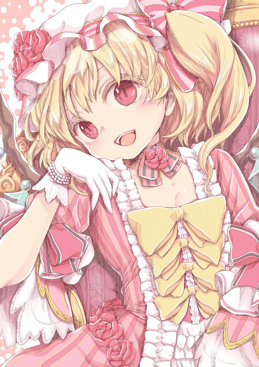 1girl alternate_costume bangs blonde_hair bow chikado detached_collar dress eyelashes flandre_scarlet flower frills gloves hat hat_ribbon looking_at_viewer mob_cap open_mouth pearl puffy_short_sleeves puffy_sleeves red_dress red_eyes red_rose ribbon rose short_sleeves side_ponytail sitting slit_pupils smile solo striped striped_dress striped_ribbon teeth throne touhou white_gloves wings yellow_bow