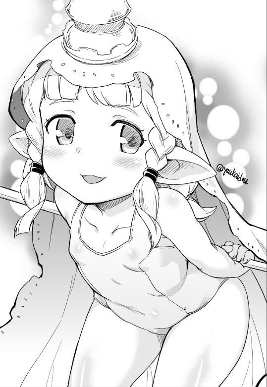 1girl braid character_request granblue_fantasy hat jingai_modoki leaning_forward long_hair monochrome one-piece_swimsuit open_mouth pointy_ears school_swimsuit smile solo staff swimsuit twin_braids veil white_school_swimsuit white_swimsuit