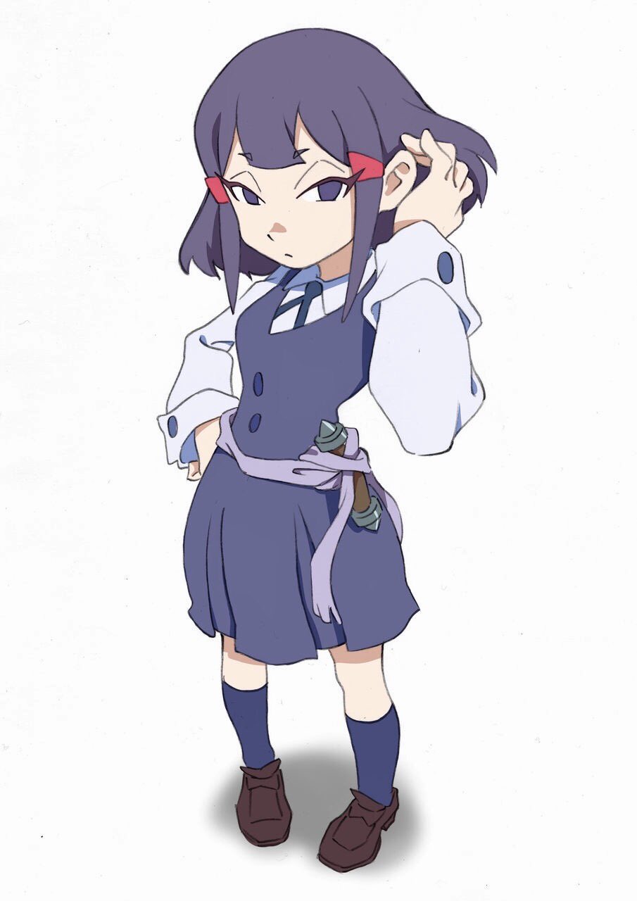 1girl arai_hiroki avery_(little_witch_academia) collared_shirt from_above hair_ornament hairclip highres little_witch_academia purple_hair school_uniform shirt shoes short_hair simple_background socks solo violet_eyes white_background