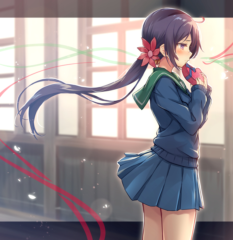 1girl akebono_(kantai_collection) bell blue_skirt blush commentary_request flower hair_bell hair_bobbles hair_flower hair_ornament indoors jingle_bell kantai_collection light_particles lips long_hair looking_away pleated_skirt profile purple_hair school_uniform serafuku side_ponytail skirt valentine very_long_hair violet_eyes wooden_wall yu-yuuki