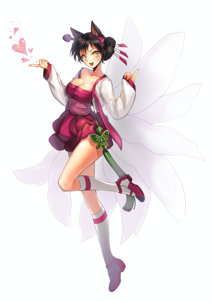 1girl ahri alternate_costume alternate_hairstyle animal_ears bangs black_hair breasts cleavage collarbone dynasty_ahri facial_mark fox_ears fox_tail hair_bun hair_ornament hair_stick highres korean_clothes large_breasts league_of_legends long_sleeves multiple_tails short_hair simple_background smile solo tail whisker_markings white_background yellow_eyes